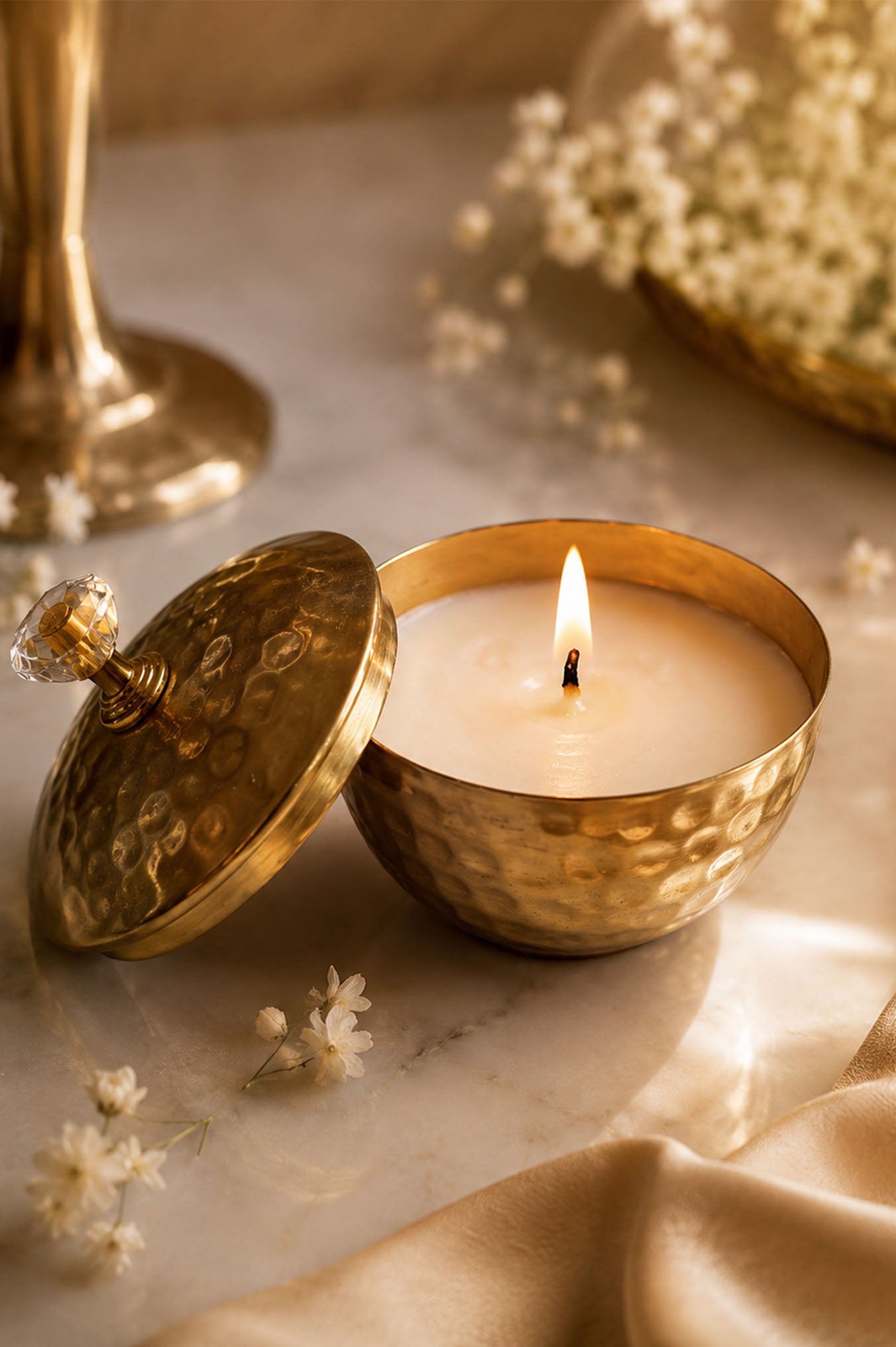 Candle with Gold Katori with Lid