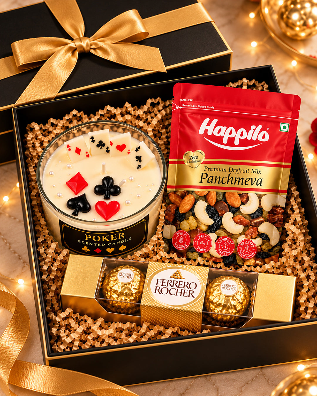 Poker Theme Gift Set | Candle, Dry Fruits & Ferrero Rocher
