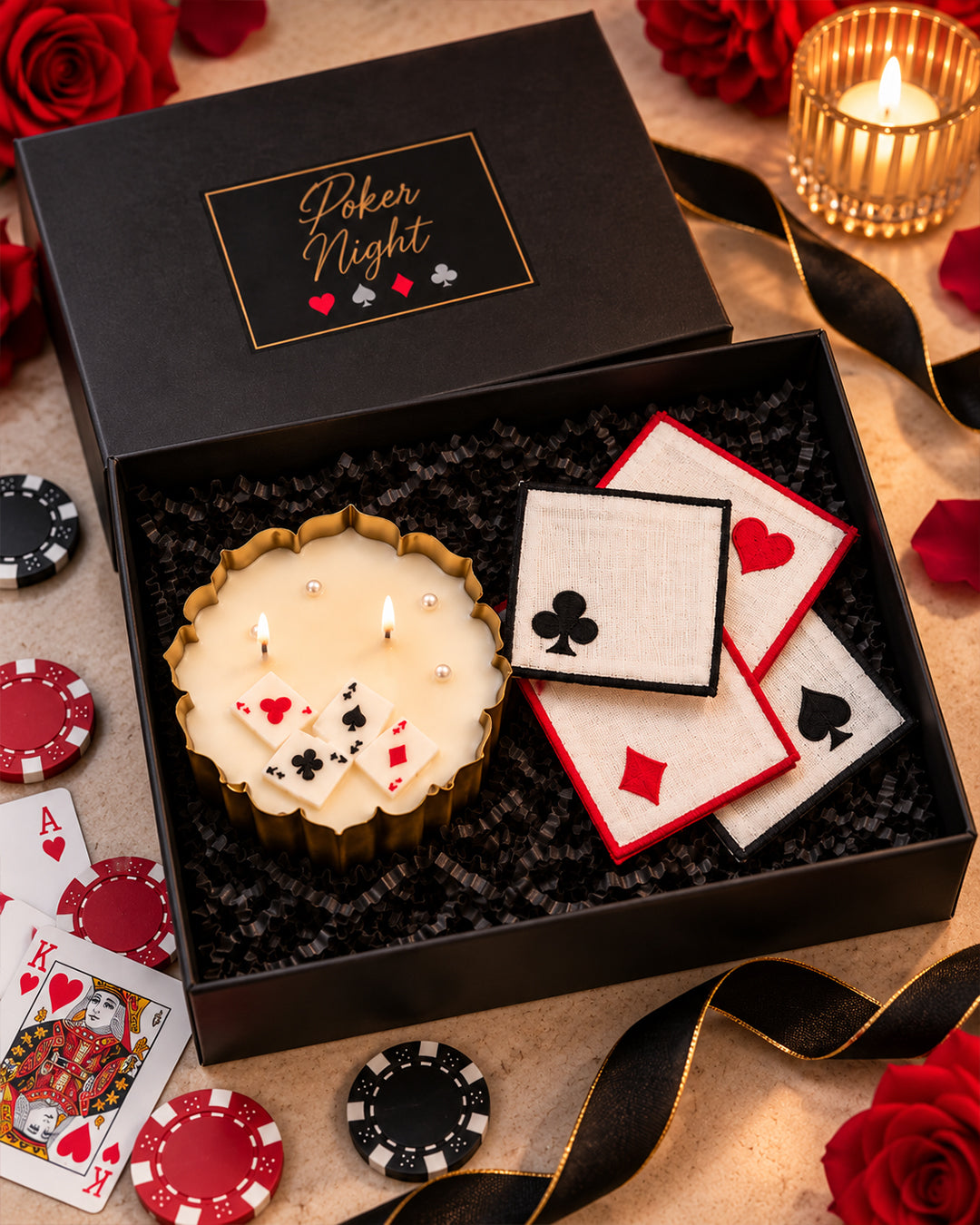Poker Theme Gift Set – Scented Candle & Linen Cocktail Napkins