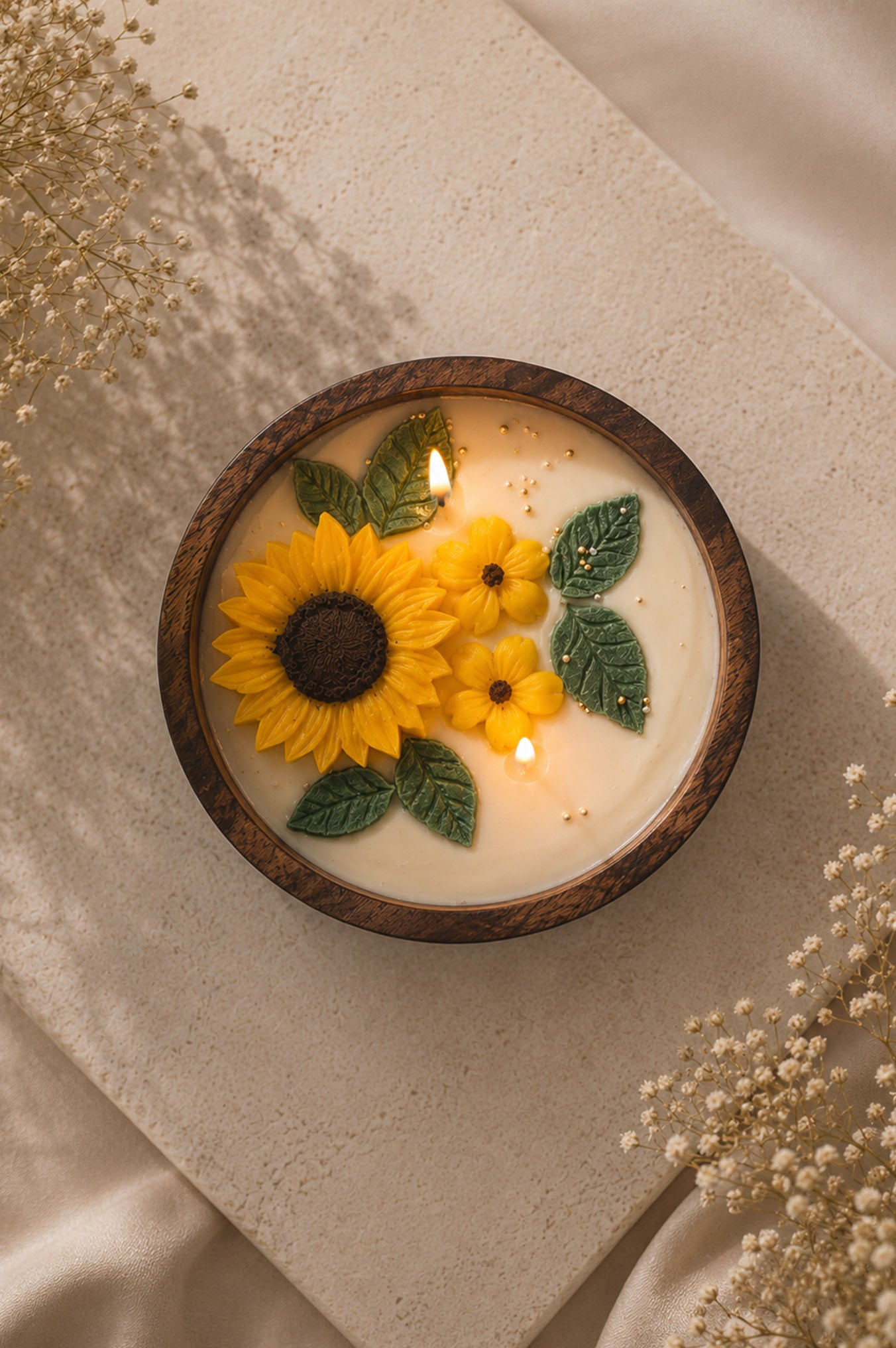 Wooden Round Candle – Sunflower