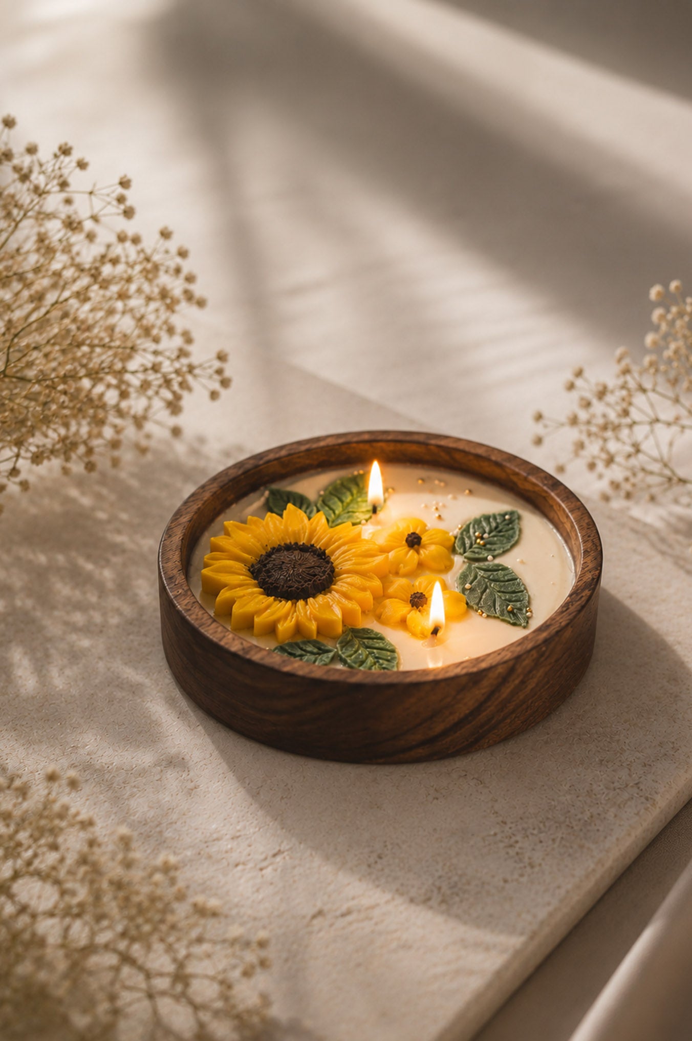 Wooden Round Candle – Sunflower
